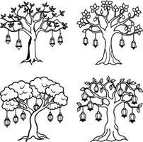 Decorative black and white trees with lanterns hanging from the branches art vector