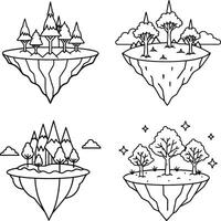 Floating island illustrations in line art with mountains trees and clouds set vector
