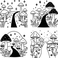 Four mushroom landscape variations with paths and stars in black and white line art vector