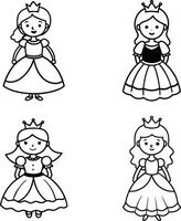Collection of cute princess cartoon characters in outline style for coloring book vector