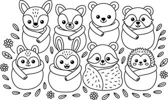 Cute forest animals coloring page with fox bear and rabbit vector