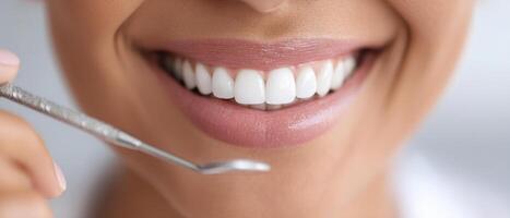 Close up of smiling person showing white teeth with dental tool, highlighting healthy and bright teeth in professional dental care setting photo
