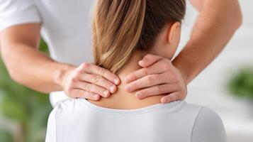 Person receiving neck massage from therapist, showing hands applying pressure to upper back and neck area in calm setting photo