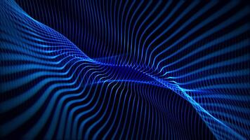 Seamless loop animation of glowing blue string waves slowly float on a dark background. Abstract background with illuminated curvy lines and elegant shapes for technology and science fiction. 4K 60fps video