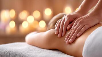 Relaxing spa massage with hands massaging person back for osteopathy and rehabilitation in calm atmosphere with glowing candles photo