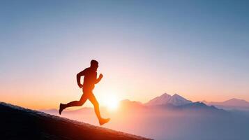Man running on mountain trail at sunrise with dramatic sky and distant peaks, showing energy and determination in nature photo