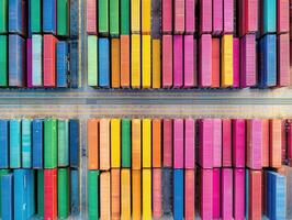Colorful shipping container stacked in port with road between for import export and tariffs control photo