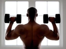 Muscular man lifting dumbbell weights in front of bright window, showing strong back muscles and fitness dedication photo