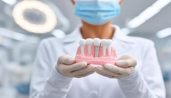 Dental implant model held by healthcare worker wearing gloves and mask in clinic, showing detailed teeth and gum structure photo