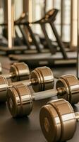 A close-up of shiny, gold-colored dumbbells resting on a dark surface. In the background, blurred treadmills with illuminated vertical lights create a contemporary gym environment. photo