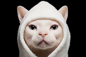 A white cat with striking green eyes wears a snug white hoodie, its ears peeking out. The background is solid black, emphasizing the cat's unique expression. photo