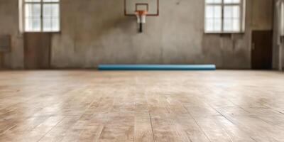 The image shows a deserted gymnasium featuring a polished wooden floor, a basketball hoop mounted on the wall, and a blue mat in the background. photo