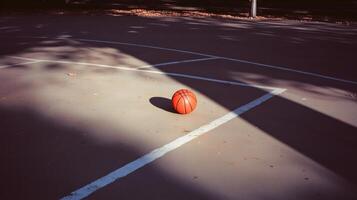 A single orange basketball rests on a gray court, casting a shadow. White lines create geometric patterns, while fallen leaves hint at autumn. photo