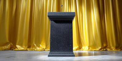 A sleek black podium stands centered on a stage, with a microphone atop. Behind it, rich golden curtains drape elegantly, creating a striking contrast. photo