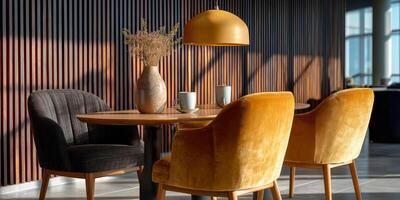 A stylish dining area features a round wooden table with two plush chairs in mustard and gray. A sleek golden pendant lamp hangs above, illuminating a vase of dried flowers. photo
