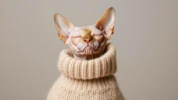 A Sphynx cat with closed eyes and a relaxed expression is nestled in a chunky beige knitted sweater, showcasing its unique wrinkled skin and large ears. photo