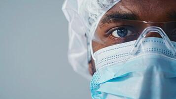 Close up of a man wearing a surgical mask and glasses photo
