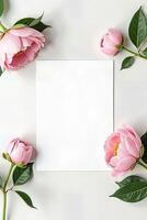 Pink flowers and paper on white background photo