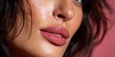A close up of a woman's face with pink lips photo