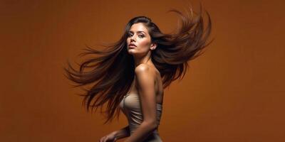 Beautiful woman with long hair on brown background photo