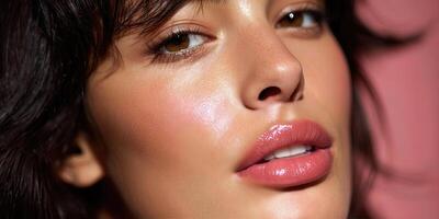 A woman with a pink lip and a pink lip gloss photo