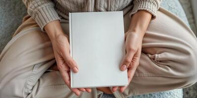 Woman holding blank book in hands photo