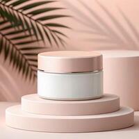 Light pink cylindrical container with a matching lid, placed on three circular platforms of varying heights, against a pink backdrop with palm leaf shadows - Elegant Skincare Concept photo