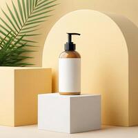 Amber glass bottle with a black pump dispenser, placed on a white cube with a blank white label, against a yellow arch and cube backdrop with a green palm leaf - Minimalist Product Concept photo
