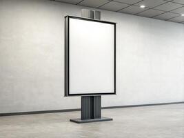 A blank vertical digital screen mockup mounted on a sturdy stand, positioned in a modern interior with recessed ceiling lighting and light gray walls - Minimalist Display Concept photo