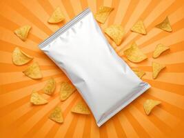 White, unbranded snack bag surrounded by several golden, triangular chips on an orange background with radiating line - Snack Packaging Concept photo