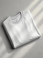 Plain white sweatshirt neatly folded on a light gray surface, with ribbed detailing around the necklin - Apparel Mockup Concept photo