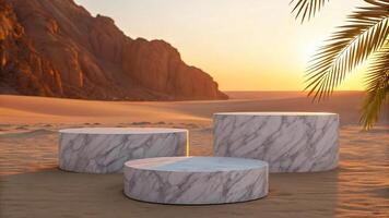 Three cylindrical marble structures with a smooth white-gray veined surface, placed on warm desert sand against rocky cliffs and a setting sun, with palm fronds on the side - Elegant Display Concept photo