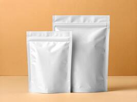 Two white, resealable stand-up pouch mockups of different sizes placed against a beige backgroun - Minimalist Packaging Concept photo