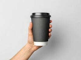 Hand holding a black disposable coffee cup with a black lid, featuring a white base, against a plain, light gray backgroun - Minimalist Beverage Concept photo
