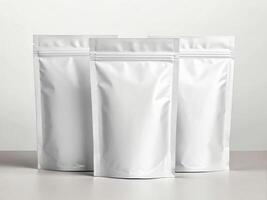 Three white resealable stand-up pouch mockups with zipper closures, displayed against a neutral backgroun - Minimalist Packaging Concept photo