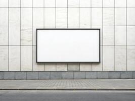 A blank rectangular billboard mockup with a black frame, mounted on a tiled wall above a paved sidewalk, with a stone-textured base sectio - Urban Advertising Concept photo