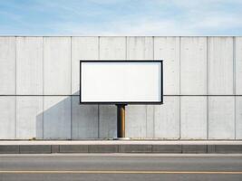 A blank rectangular billboard mockup with a black frame, mounted on a pole in front of a concrete wall, with a paved sidewalk and a single yellow road lin - Urban Advertising Concept photo