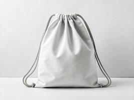 A light gray drawstring bag mockup with fabric material and simple knotted cords, placed against a plain light-colored backgroun - Minimalist Packaging Concept photo