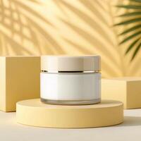 Beige-lidded transparent jar with white contents, placed on a circular platform against a yellow backdrop with palm leaf shadows and geometric accents - Skincare Concept photo