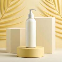 White pump bottle placed on a round yellow pedestal, with beige rectangular blocks and yellow palm leaf patterns in the background - Minimalist Product Concept photo