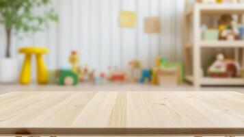 A wooden table is set against a fuzzy background of a kids' room with lots of toys. Display of a product photo