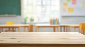 A blank wooden tabletop with a hazy background of a schoolchild's room photo