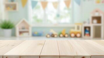 It shows a wooden table against a fuzzy background of a kids' room with toys. exhibition of a product photo