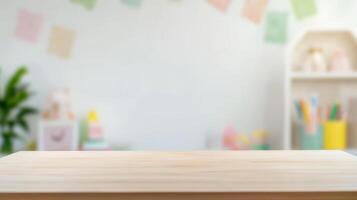 A vacant desk for showcasing products against the backdrop of a defocused children's room photo