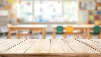 A blank wooden tabletop against a blurred background of a schoolchild's room photo