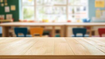 An interior blur of a schoolchild's room with a blank wooden tabletop photo