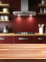 The surface of a vacant light-dark brown, somewhat red table in a kitchen at night, creating a warm and welcoming ambiance photo