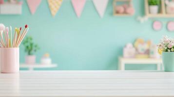 A product display desk that is empty against the backdrop of a defocused children's room photo