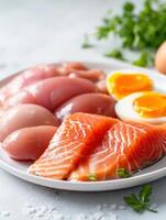 Protein Platter, Salmon, chicken, and egg for a nutritious meal on a white background photo