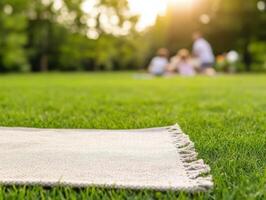 Tranquil picnic setting with family enjoying time together, enjoying the sunny weather and nature photo